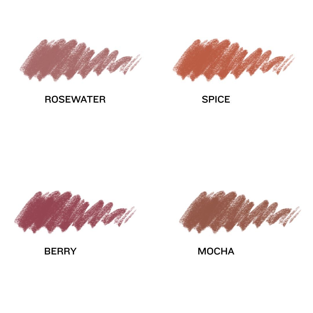 Four swatches of different lip liner colors labeled Rosewater, Spice, Berry, and Mocha.