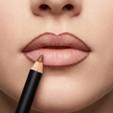 Mocha lip liner applied - neat liner outline, true brand pencil