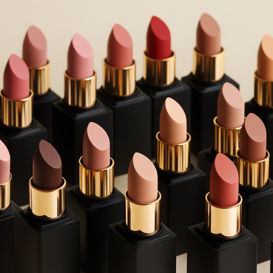 An array of Creme Suede Lipsticks in various shades, each with a gold-colored cap and displayed in an organized manner.