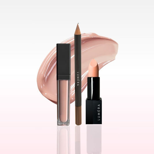 Lumiera lip products including a lip gloss, lip liner, and lipstick on a white background.