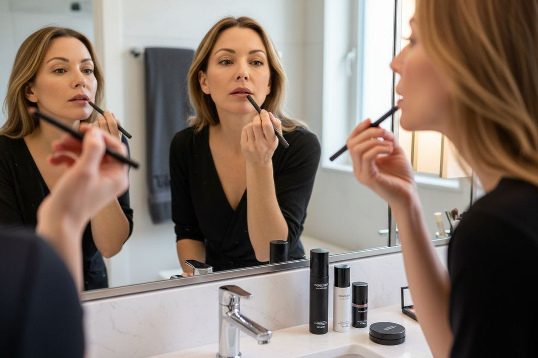 mature woman applying lip liner