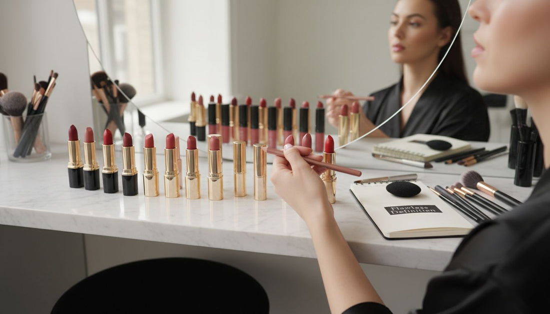 Makeup artist applying lip liner at vanity
