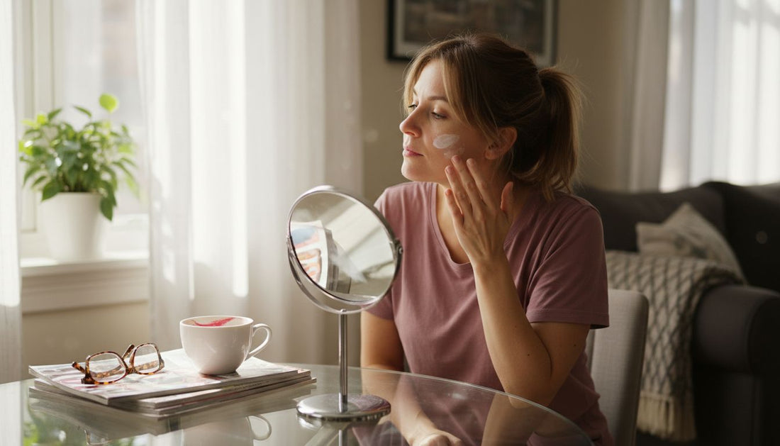 Woman applying light makeup in sunlit room