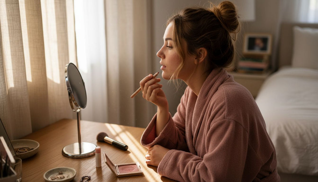 Woman applies lip liner at vanity