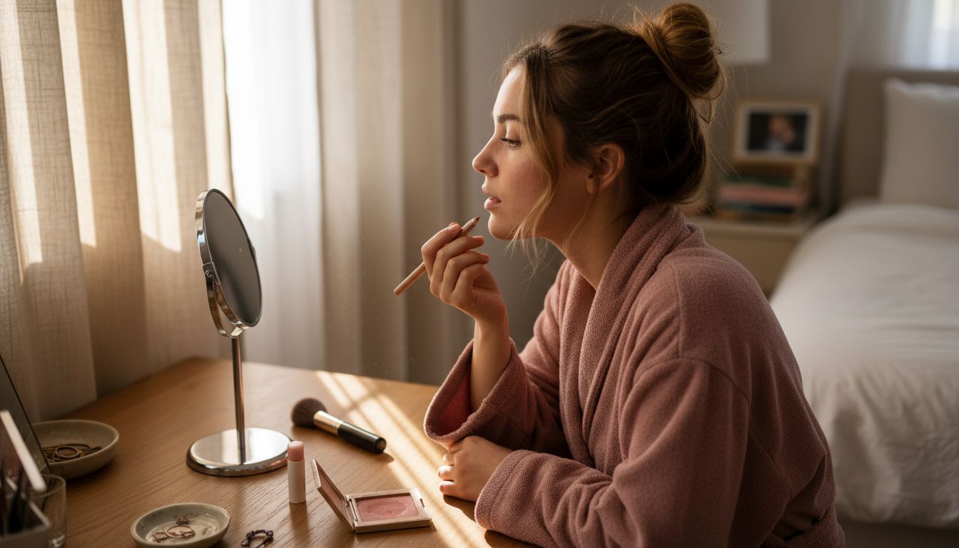 Woman applies lip liner at vanity