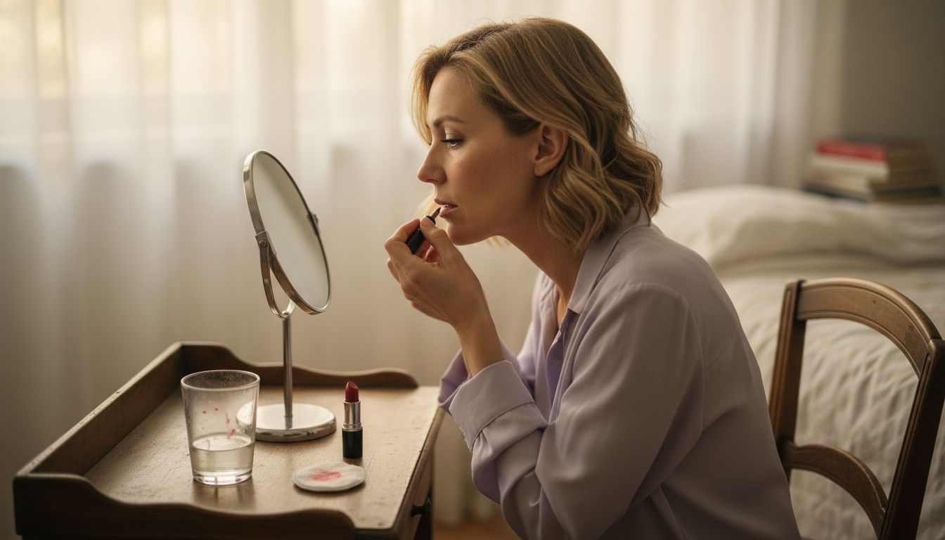 Mature woman applying lip liner at vanity