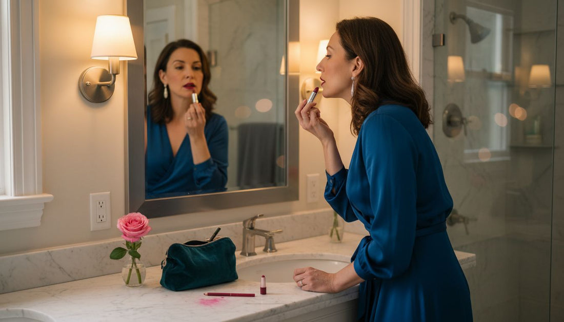 Mature woman applying evening lipstick in bathroom
