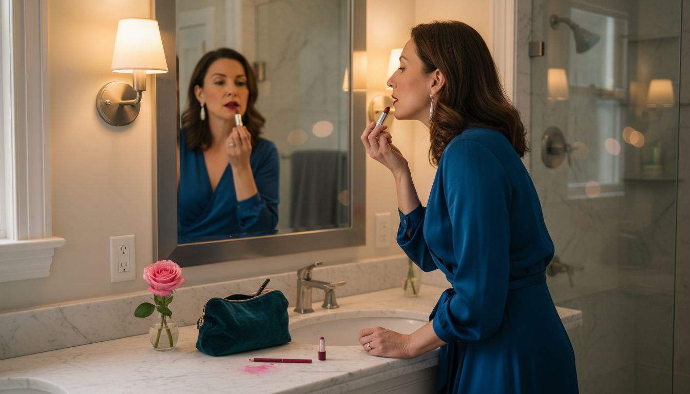 Mature woman applying evening lipstick in bathroom