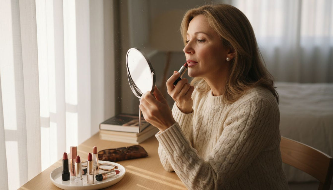 Woman applying satin lipstick at bedroom vanity
