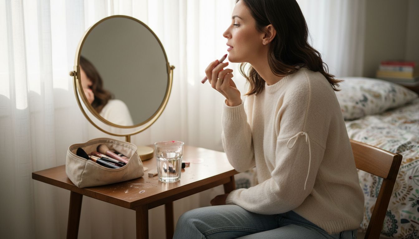 Woman applying lip crayon at vanity