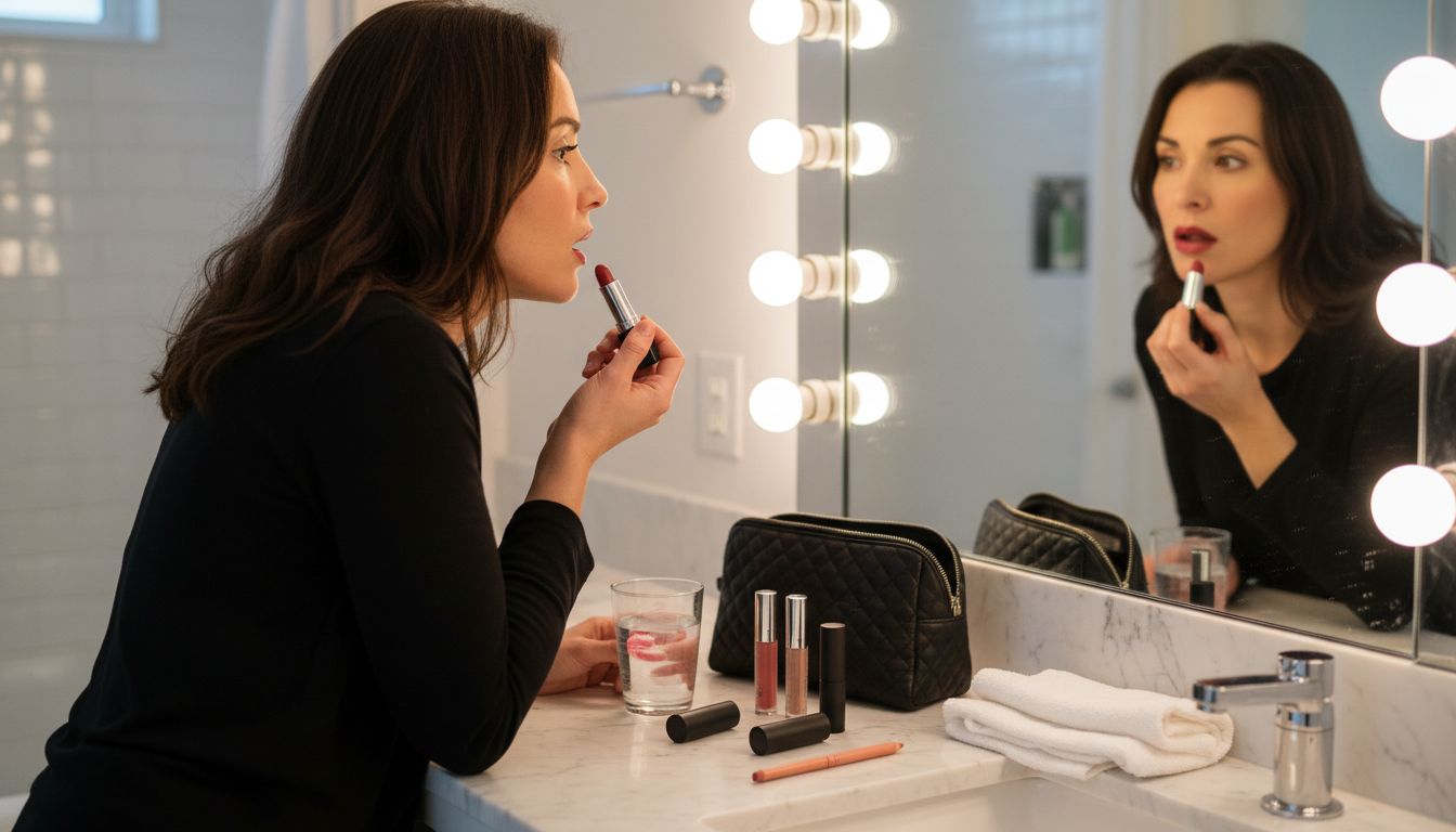 Woman applies day and night lip makeup styles