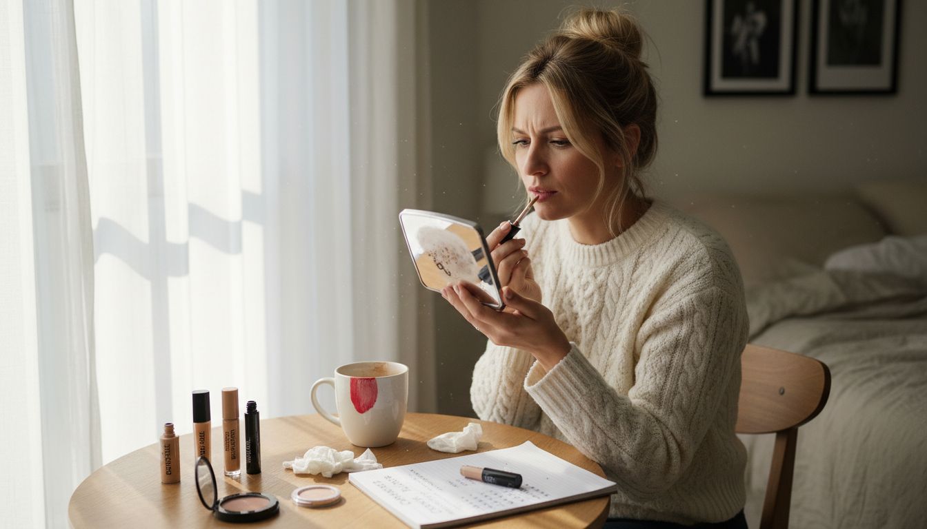 Beauty editor comparing concealer lips at vanity