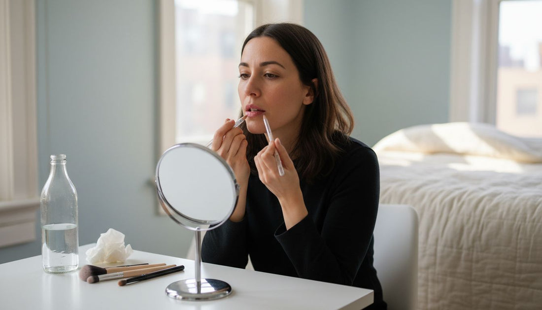 Woman using invisible lip liner at vanity