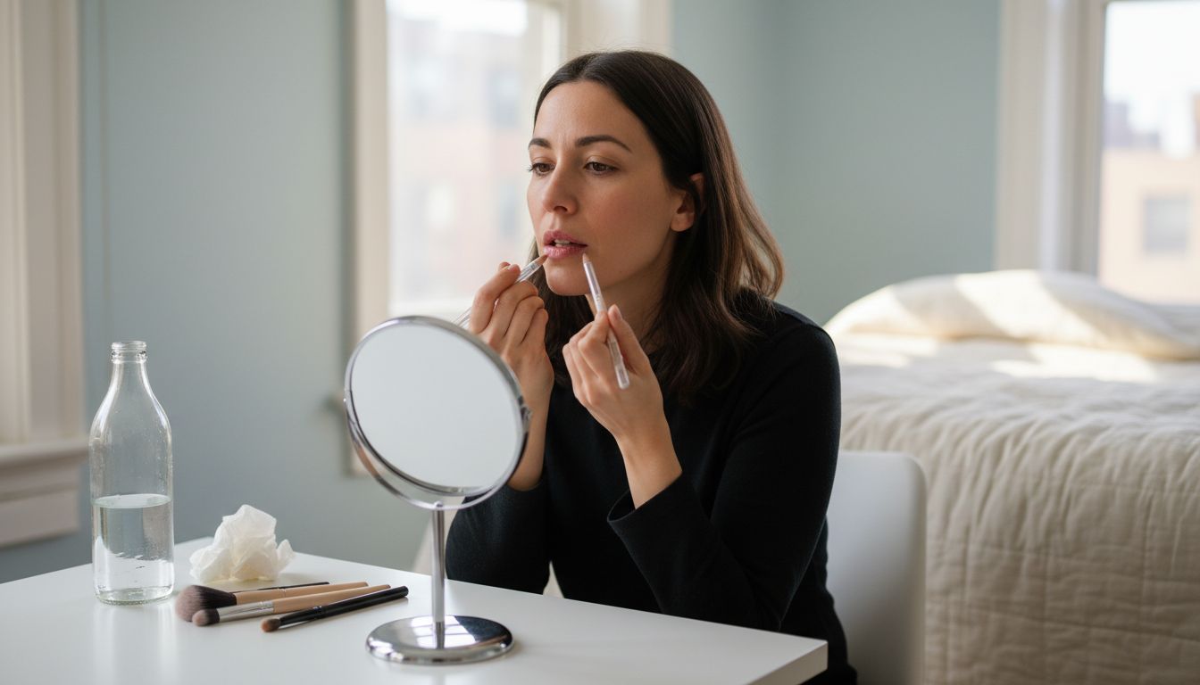 Woman using invisible lip liner at vanity