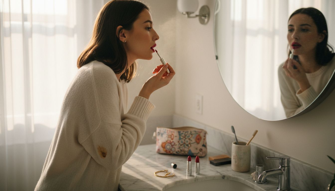 Woman applying vivid lipstick in bathroom