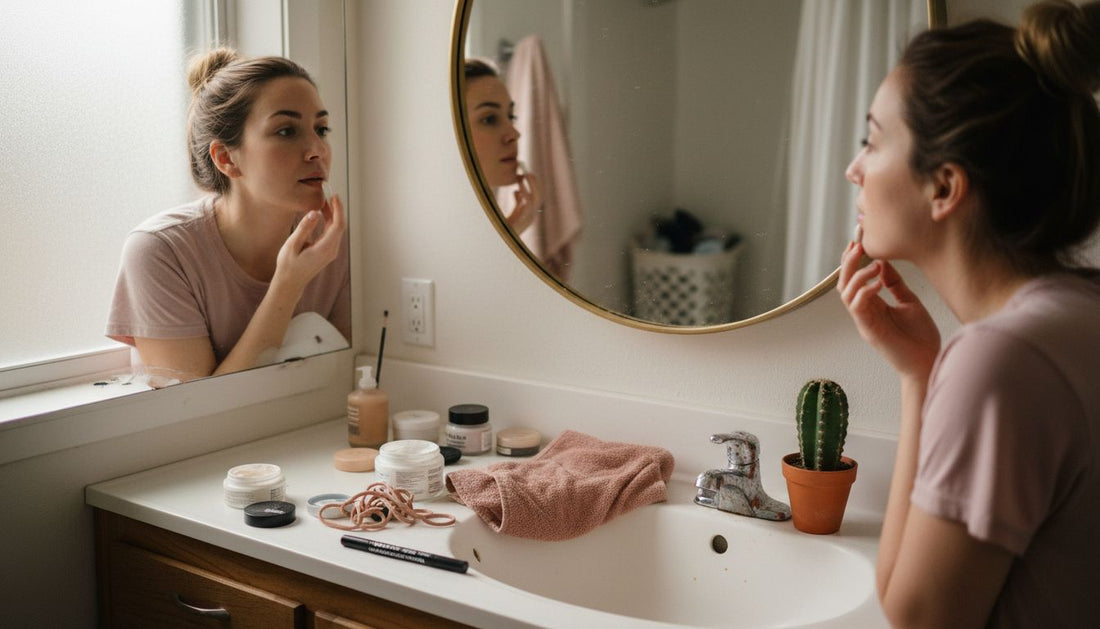 Woman applies lip balm in morning bathroom