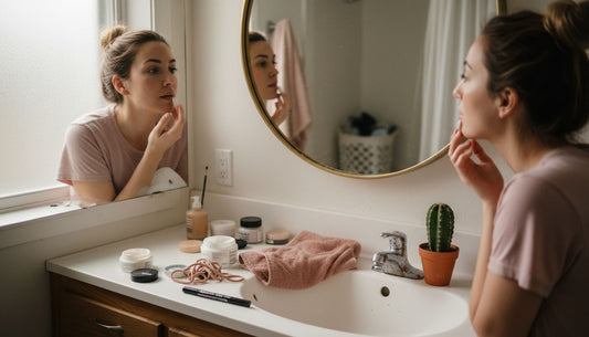 Woman applies lip balm in morning bathroom