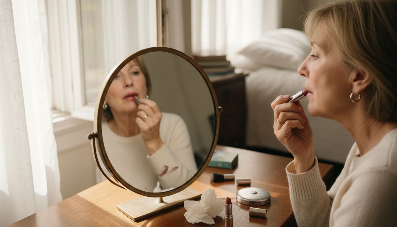 Mature woman applying lipstick at vanity