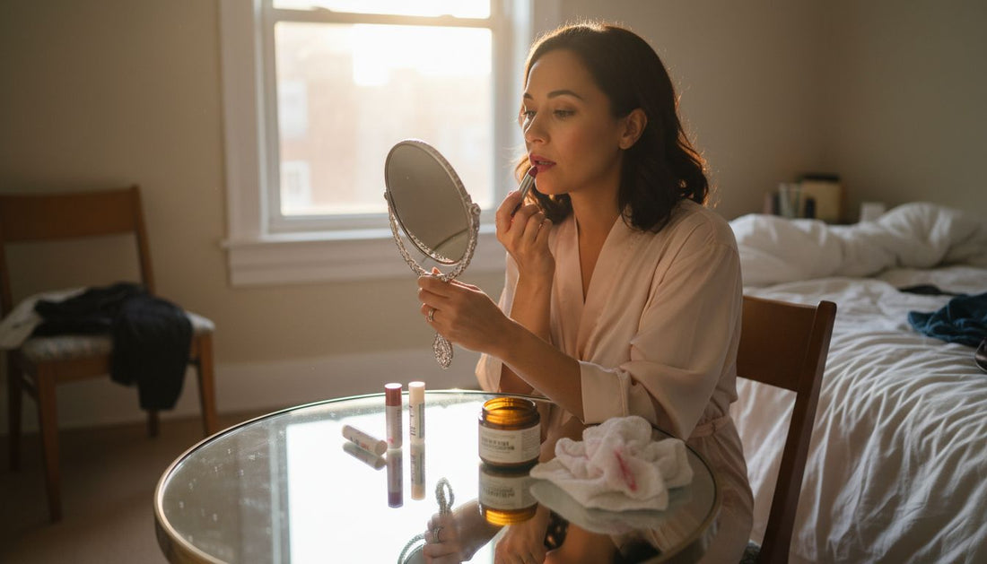 Woman applying lipstick at sunny vanity