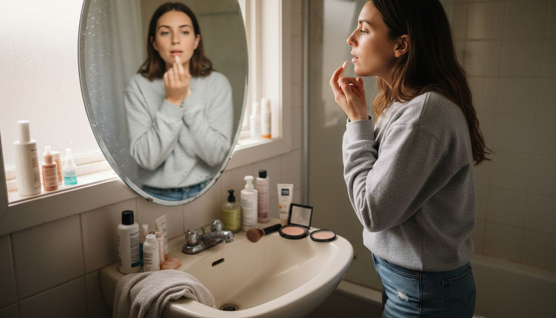 Woman applying lip balm in bathroom