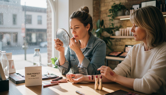 Women comparing and testing lipstick at vanity