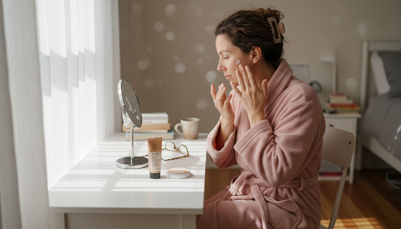 Woman in her 40s prepping skin at vanity