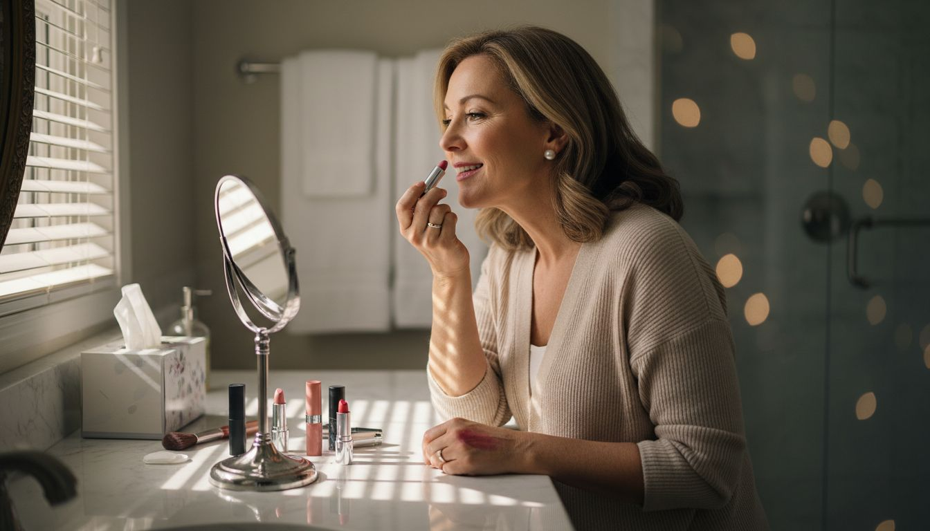 Woman over 40 applying lipstick at vanity mirror