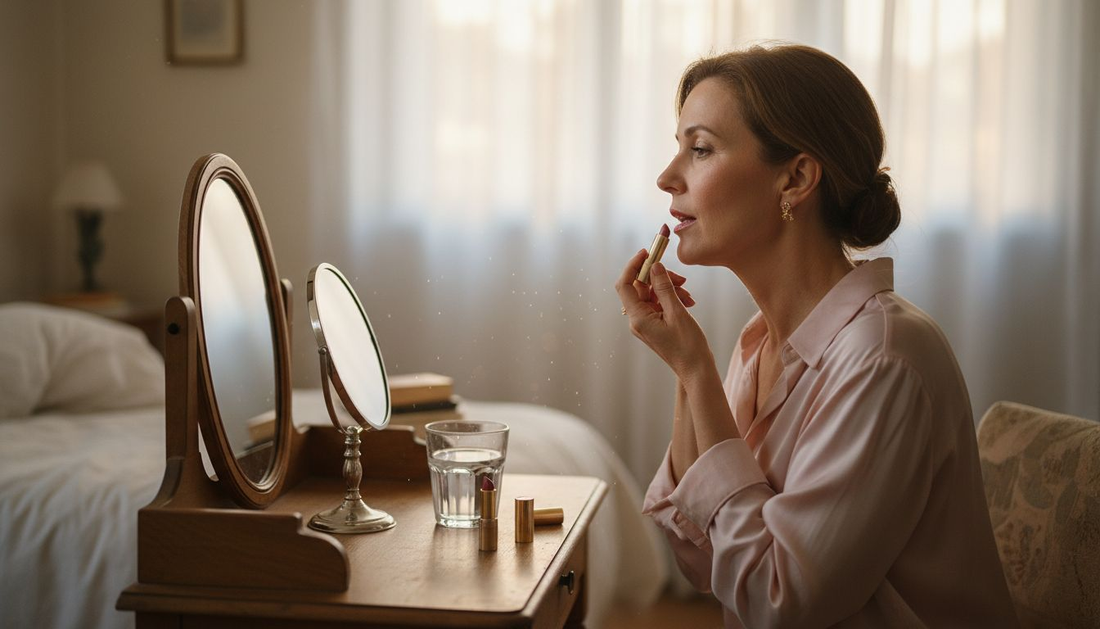 Woman applying creamy lipstick at vanity