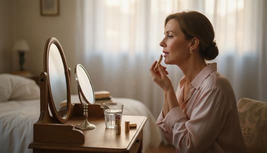 Woman applying creamy lipstick at vanity