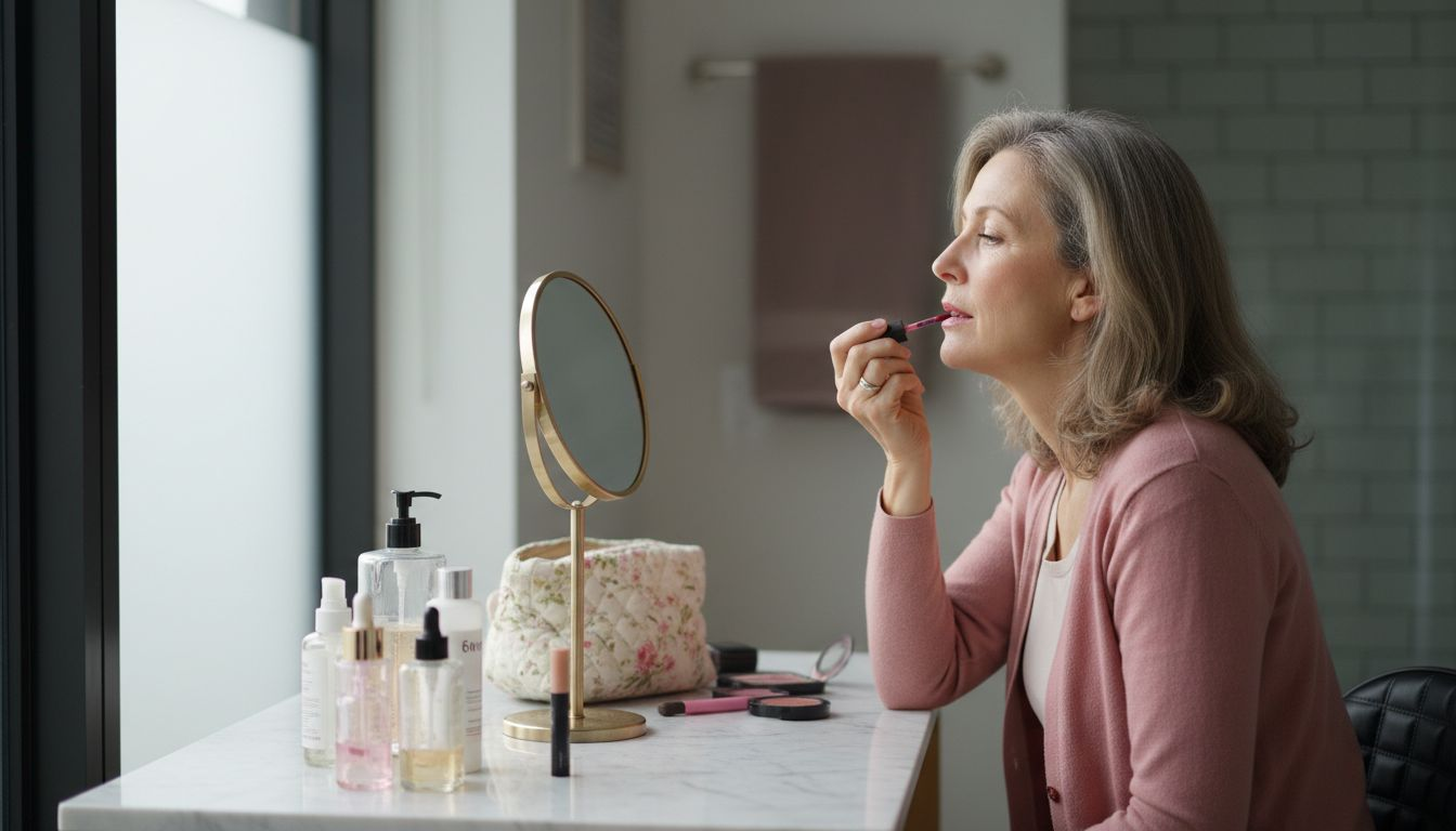 Woman applying lip stain at vanity