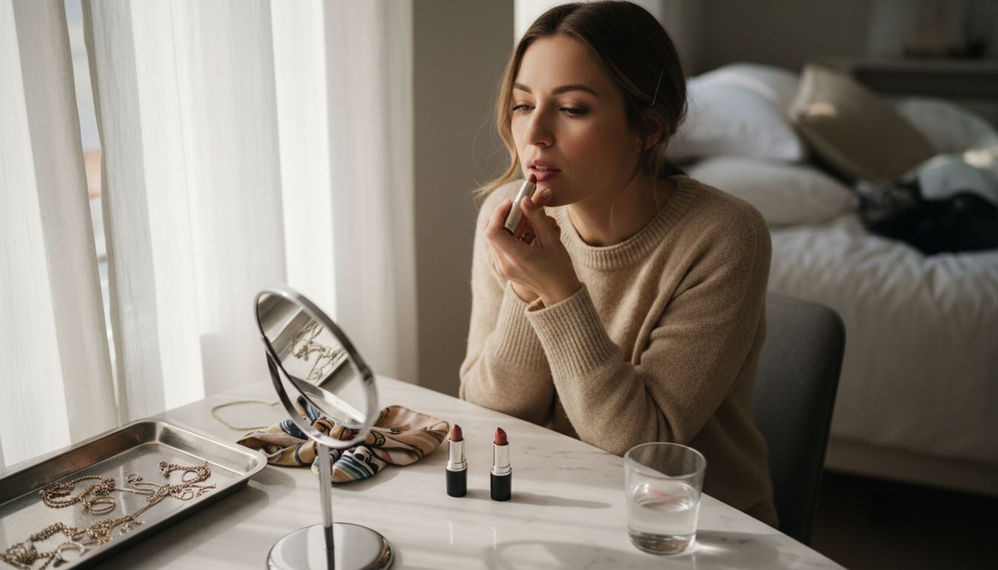 Woman applying ombre nude lipstick