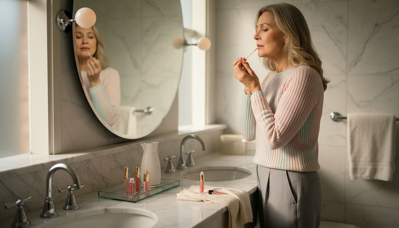 Mature woman applying lip gloss in bright bathroom