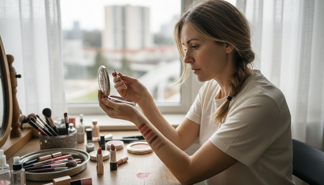 Woman comparing lip liners at vanity table
