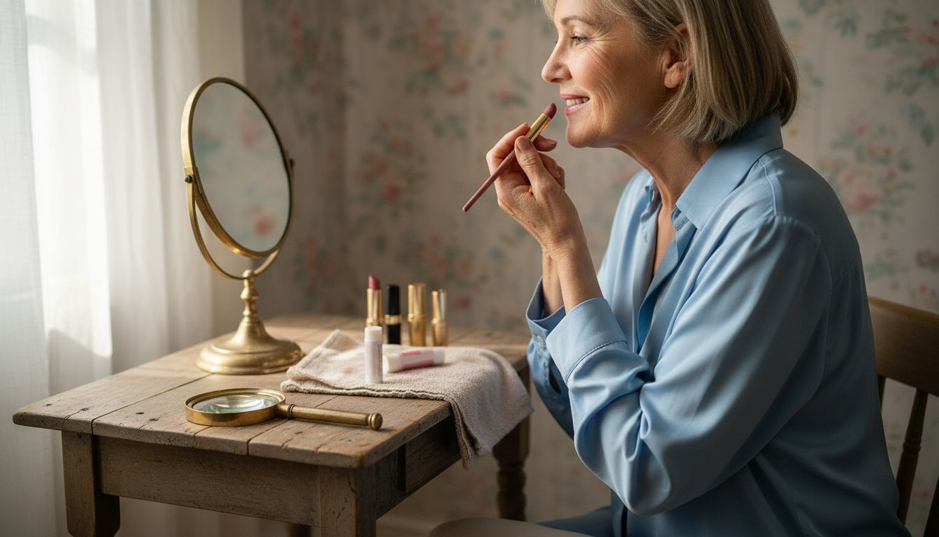 Older woman applying lipstick at vanity