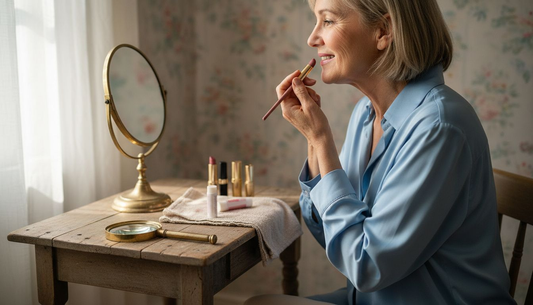 Older woman applying lipstick at vanity