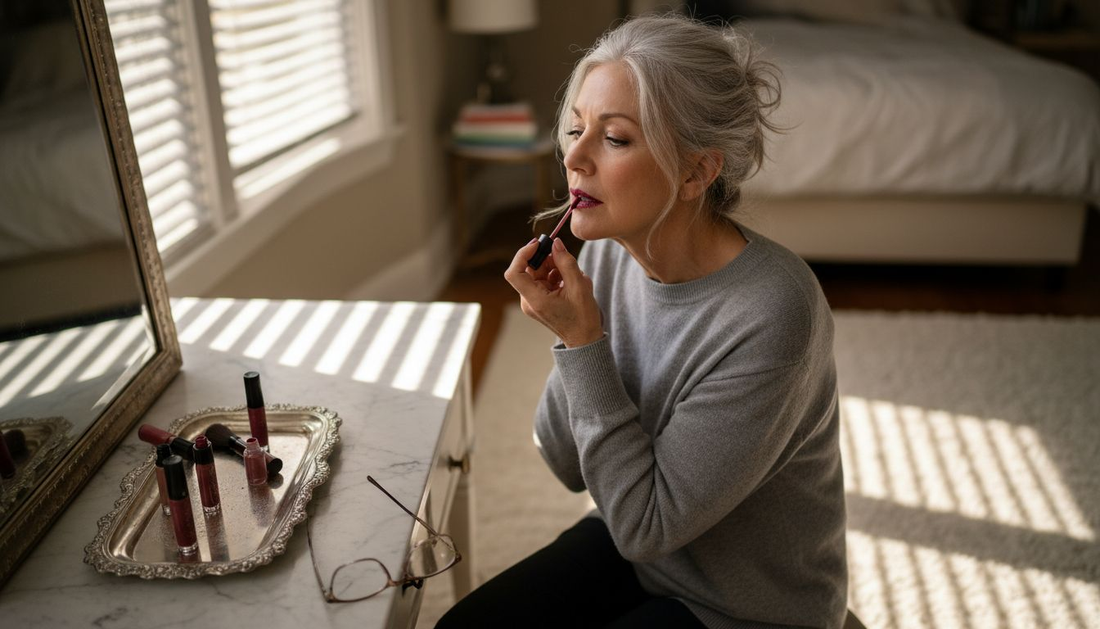 Mature woman applying liquid lipstick at vanity