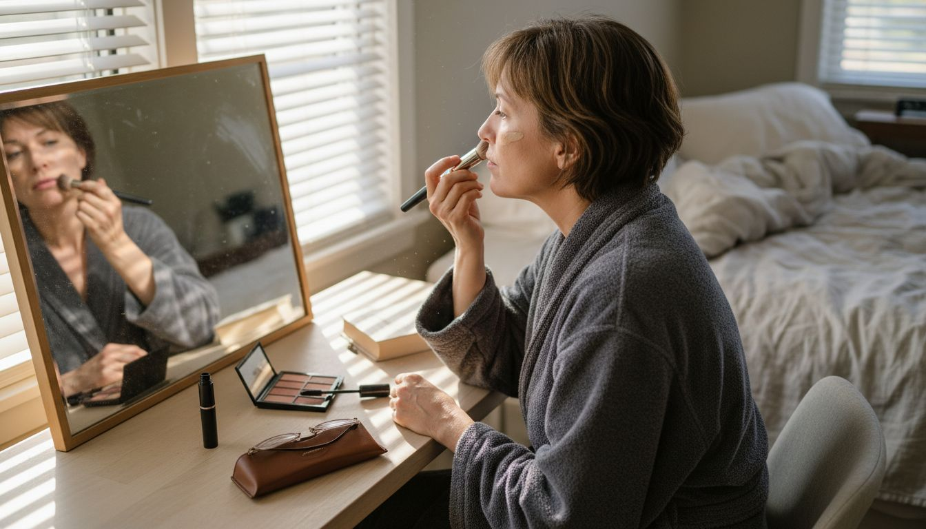 Woman over 40 applying makeup at vanity