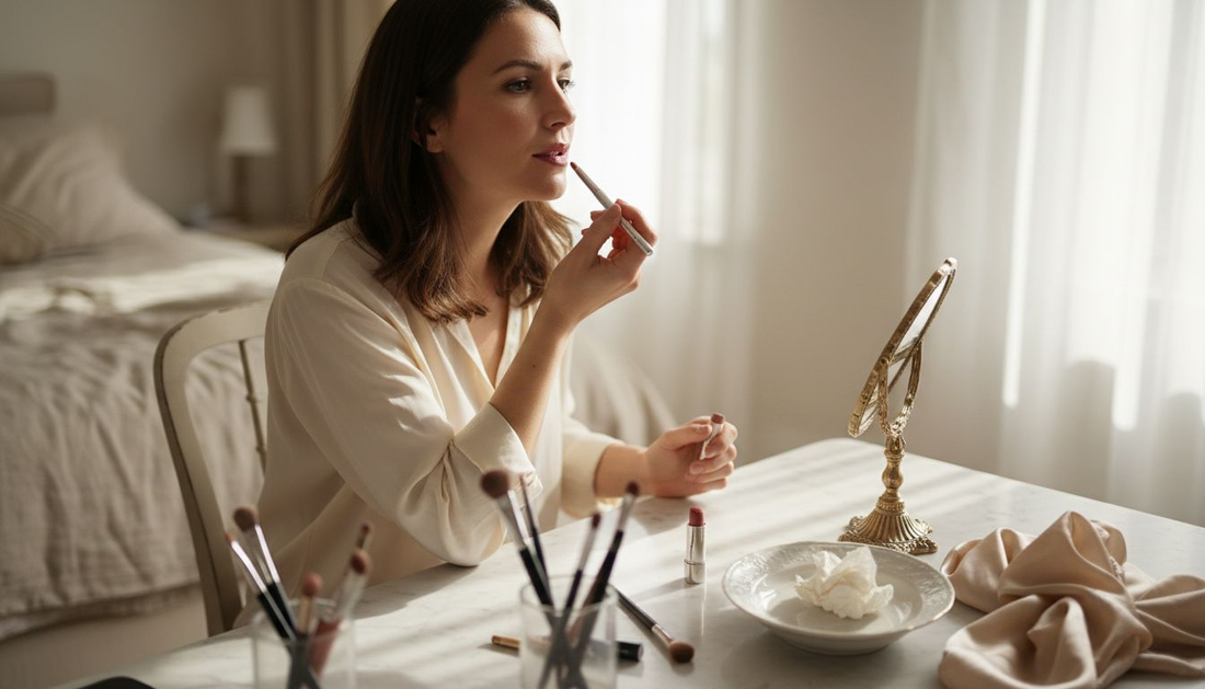Woman applying muted lipstick at vanity