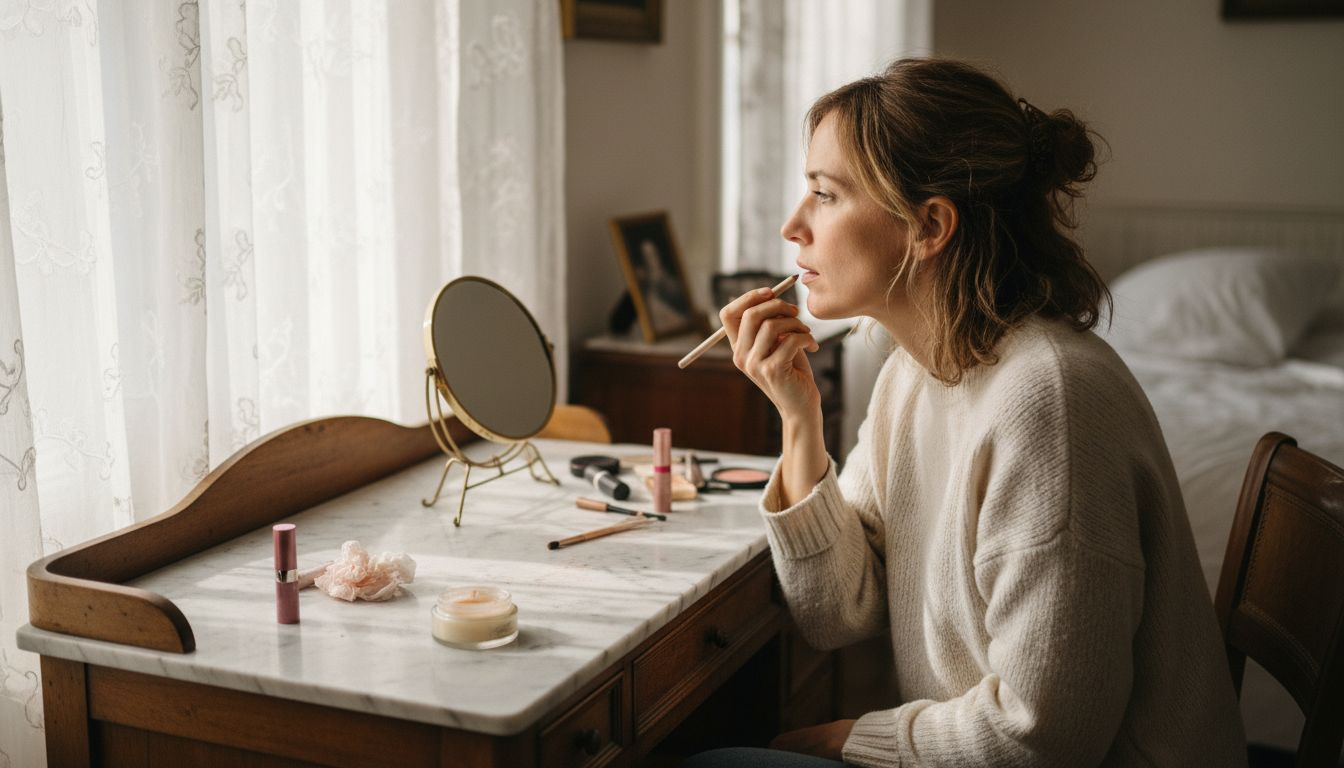 Woman naturally lining lips for fullness