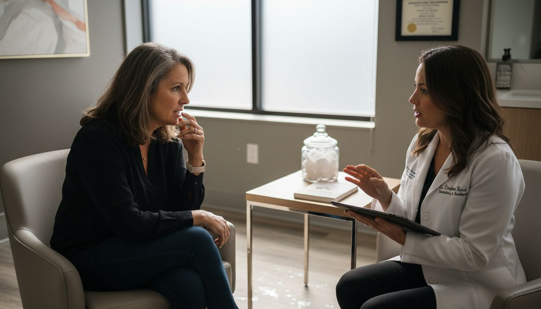 Mature woman consulting on lip filler treatment
