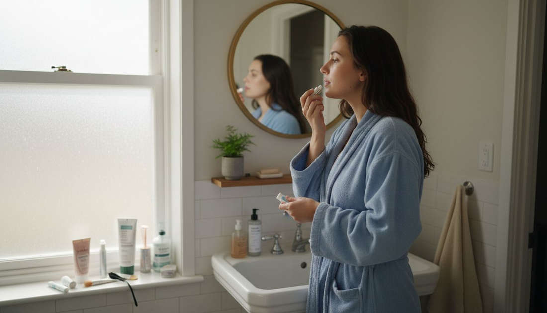 Woman applies lip balm in sunlit bathroom