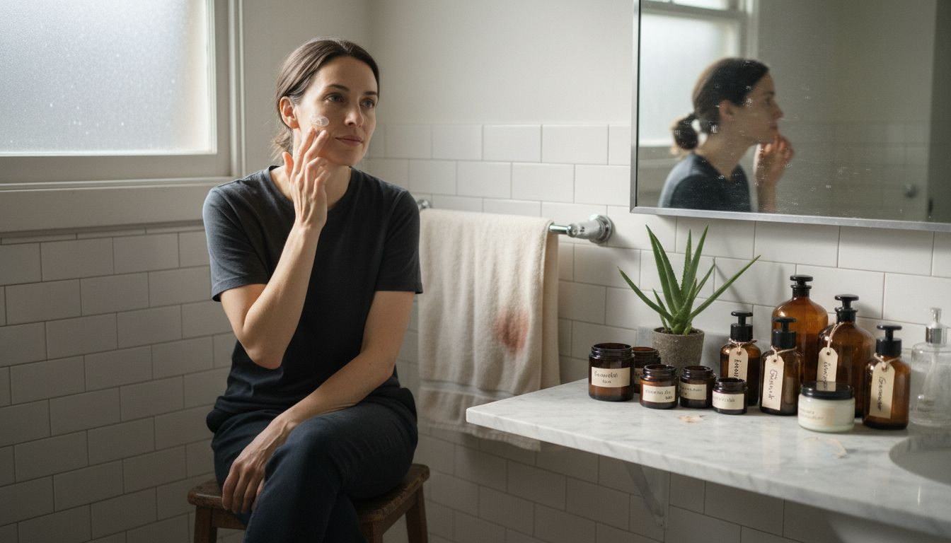 Woman using organic cream in home bathroom