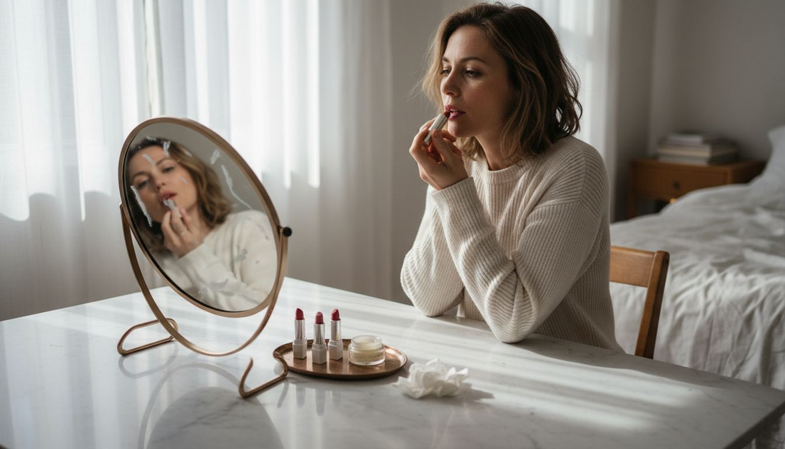 Woman applying soft touch lipstick at home vanity