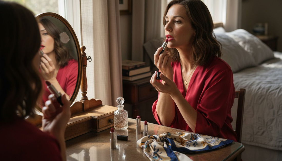 Confident woman over 40 applying red lipstick