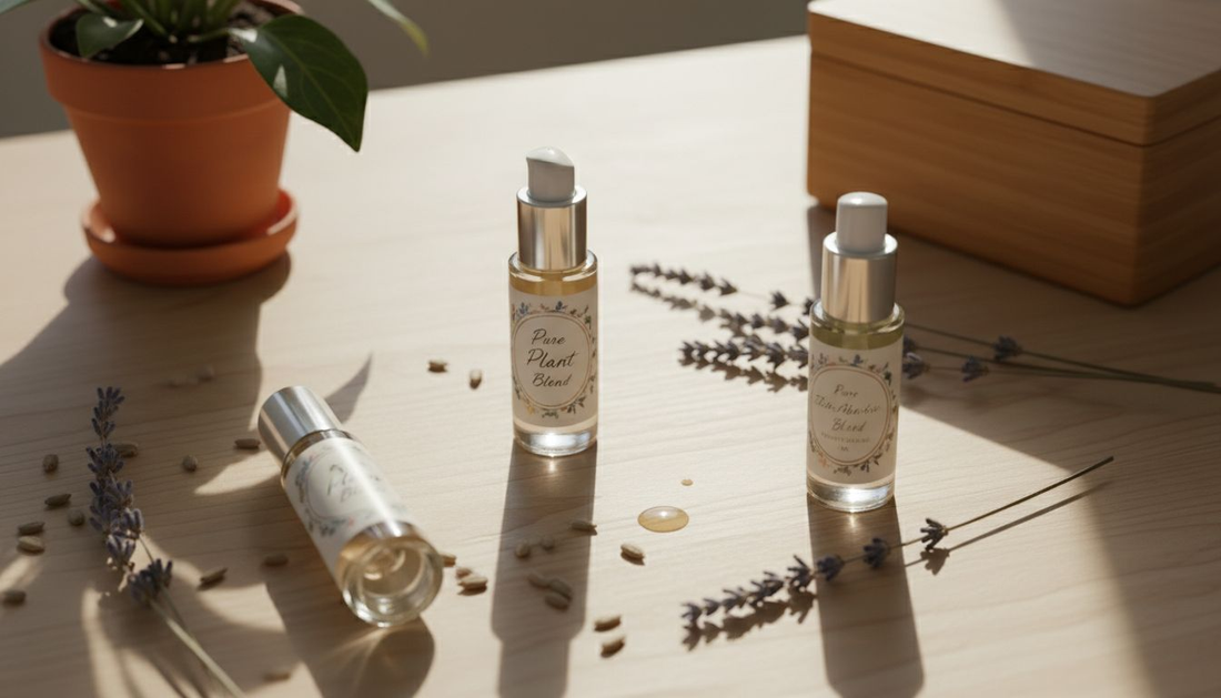 Flatlay of eco-friendly natural lip oil bottles
