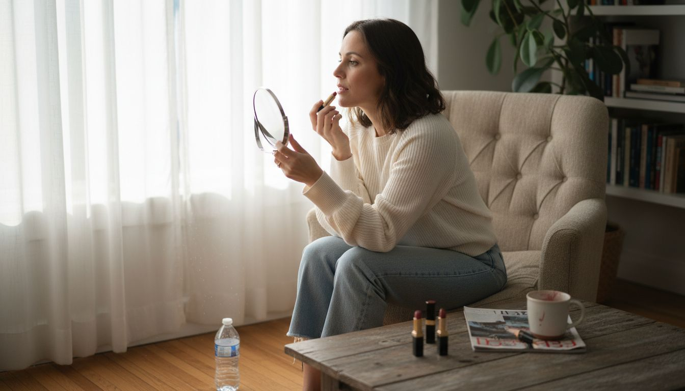 Woman applying lipstick in sunlit living room