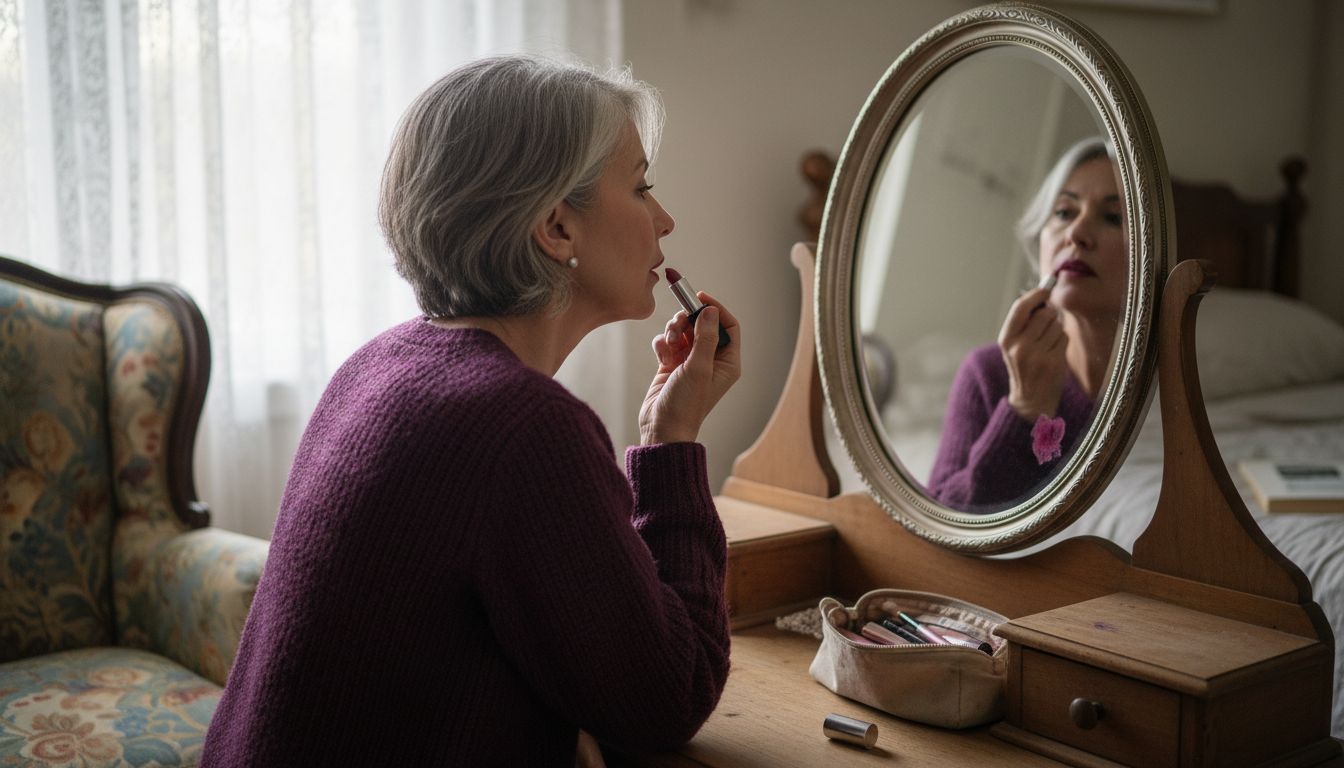 Woman applying matte lipstick in vintage bedroom