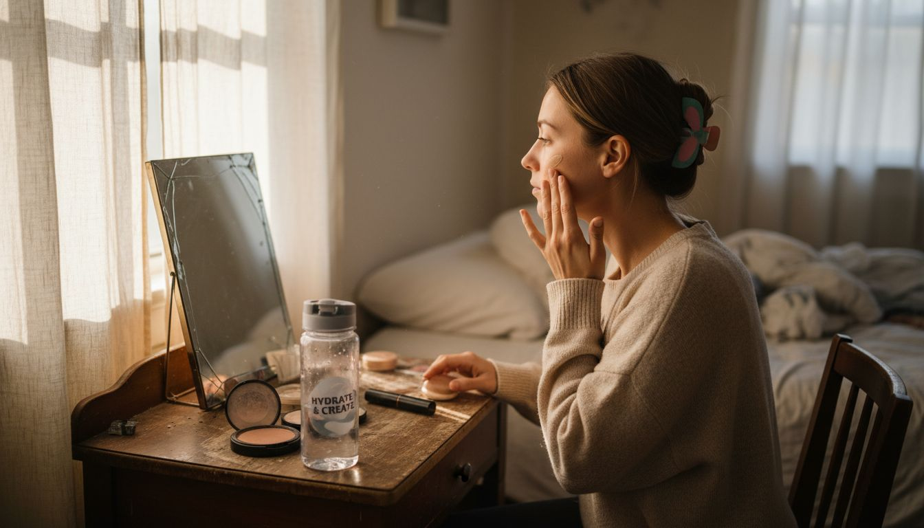 Woman applying natural makeup at vanity