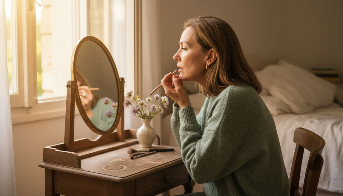 Mature woman applying lip contouring makeup