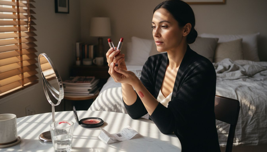 Woman testing red lipstick shades at vanity
